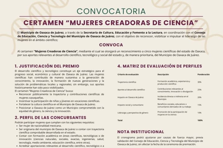 Oaxaca de Juárez convoca al certamen “Mujeres Creadoras de Ciencia”
