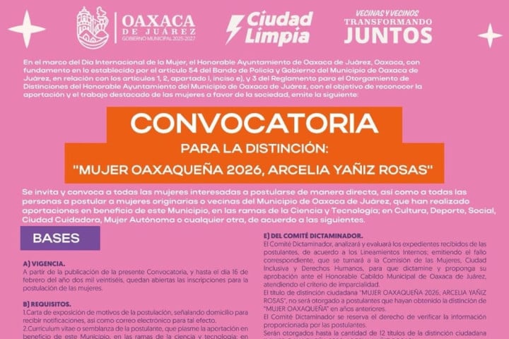Ayuntamiento de Oaxaca de Juárez emite convocatoria para la distinción “Mujer Oaxaqueña 2026, Arcelia Yañiz Rosas”