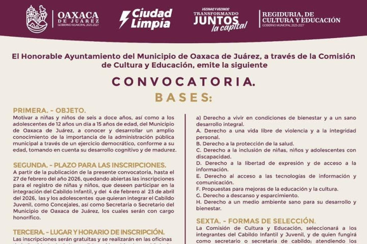 Convocan a integrar el Cabildo Infantil y Juvenil 2026 en Oaxaca de Juárez