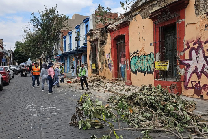 Se realiza el retiro de escombro y ramas tras el colapso de una barda en la calle Colón