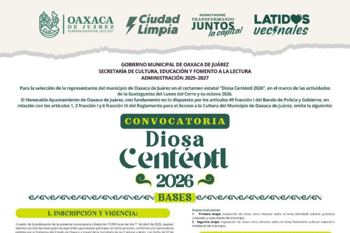 Oaxaca de Juárez convoca a elegir a su representante de Diosa Centéotl 2026